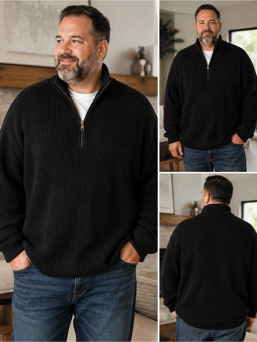 𝘾𝙖𝙡𝙫𝙞𝙣 𝙆𝙡𝙚𝙞𝙣 Men's XXL Black Quarter-Zip Ribbed Sweater